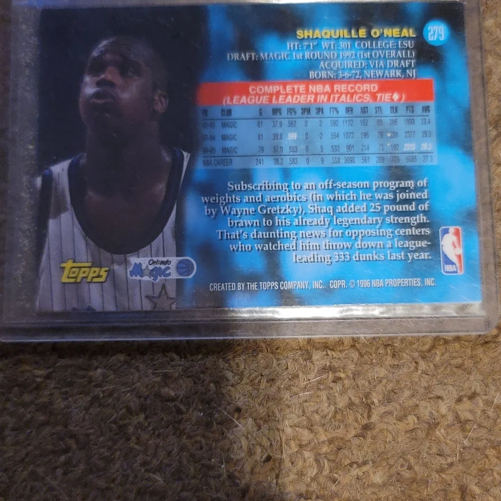 Topps Shaquille O'neal NBA Trading Card Vintage/collectors Item!